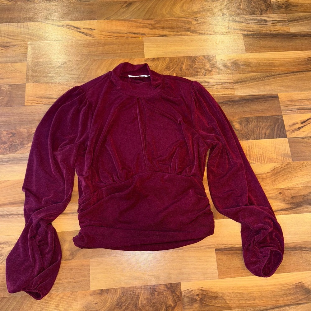Lush Burgundy slinky Long Sleeve Top Ruched Mock Neck Womens‎ large holiday Xmas